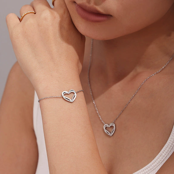 316L Stainless Steel Double Layer Love Inlaid Zircon Clavicle Necklace Bracelet Pvd Gold Plated Niche Style