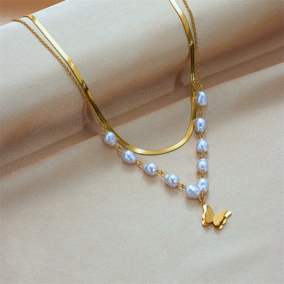 Titanium Steel Double Layer Pearl Frosted Three Dimensional Butterfly Pendant Clavicle Chain For Women With Electroplating Treatment And Bow Tie Pattern