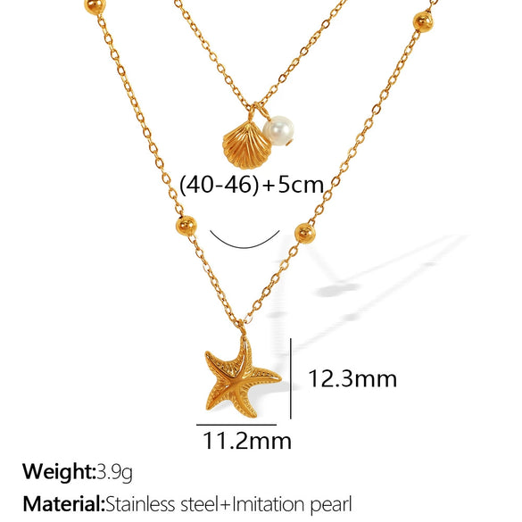 316L Stainless Steel Double Layer Starfish Shell Clavicle Chain Stacked Necklace Vacuum Plated 18K Gold For Women Simple Natural Style