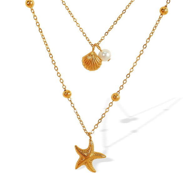 316L Stainless Steel Double Layer Starfish Shell Clavicle Chain Stacked Necklace Vacuum Plated 18K Gold For Women Simple Natural Style