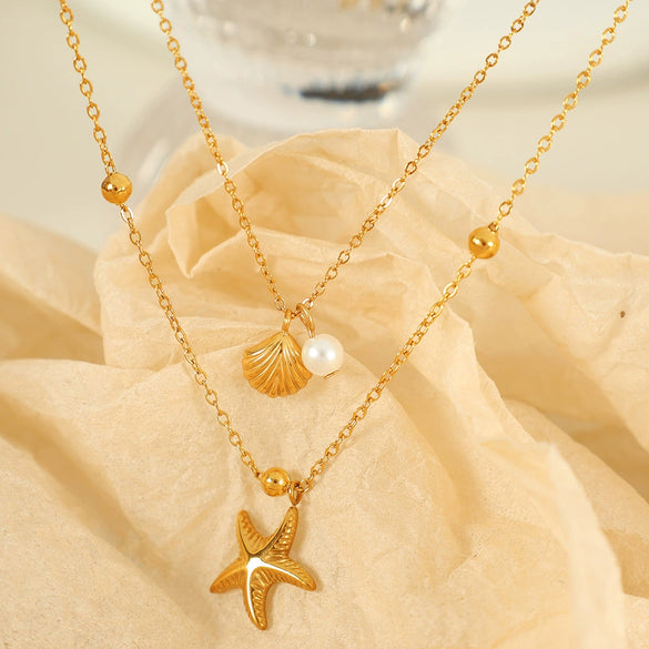 316L Stainless Steel Double Layer Starfish Shell Clavicle Chain Stacked Necklace Vacuum Plated 18K Gold For Women Simple Natural Style