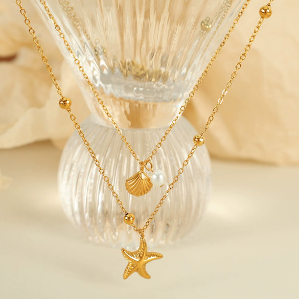 316L Stainless Steel Double Layer Starfish Shell Clavicle Chain Stacked Necklace Vacuum Plated 18K Gold For Women Simple Natural Style