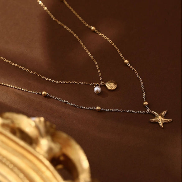 Titanium Steel Double Layer Starfish Shell Stacked Clavicle Chain Necklace Vacuum Plated 18K Gold