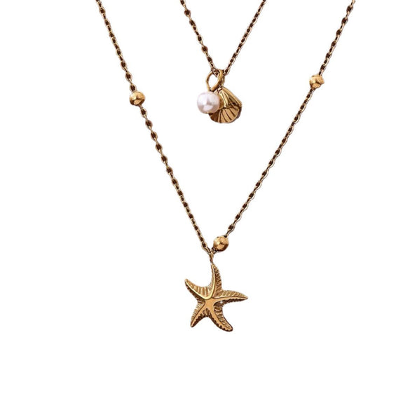 Titanium Steel Double Layer Starfish Shell Stacked Clavicle Chain Necklace Vacuum Plated 18K Gold