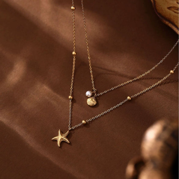 Titanium Steel Double Layer Starfish Shell Stacked Clavicle Chain Necklace Vacuum Plated 18K Gold