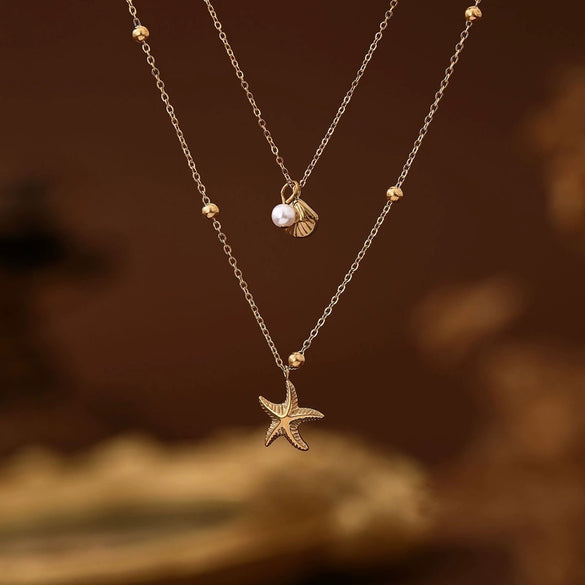 Titanium Steel Double Layer Starfish Shell Stacked Clavicle Chain Necklace Vacuum Plated 18K Gold