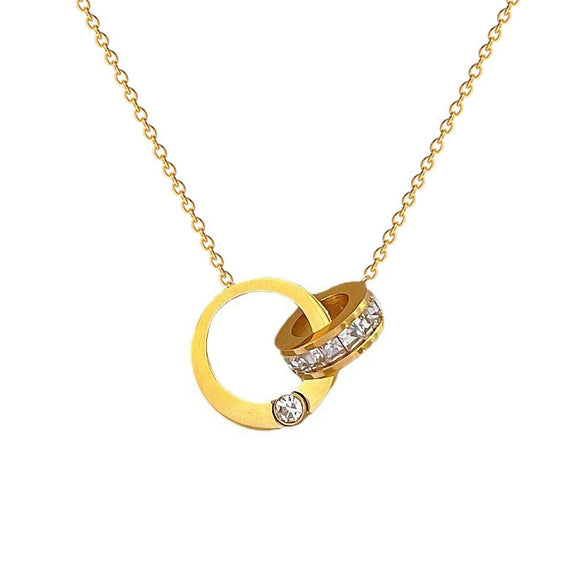 Titanium Steel Double Ring Full Diamond Geometric Style Electroplated Unisex Necklace With Cartoon And Plant Flowers Elements
