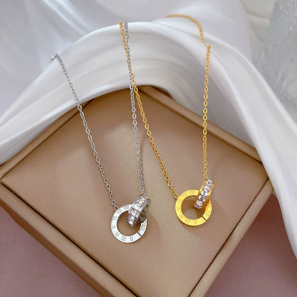 Titanium Steel Double Ring Furnace Real Gold Necklace With Geometric Pattern Electroplating For Female Light Luxury Ultra Simple Style Cartoon And Flower Design