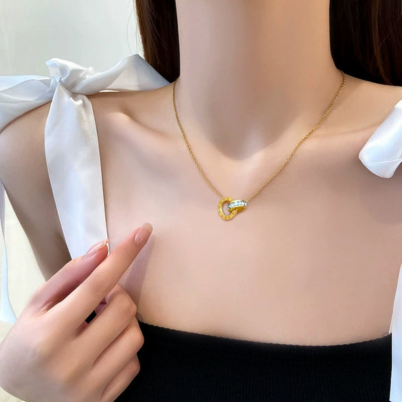 Titanium Steel Double Ring Furnace Real Gold Necklace With Geometric Pattern Electroplating For Female Light Luxury Ultra Simple Style Cartoon And Flower Design