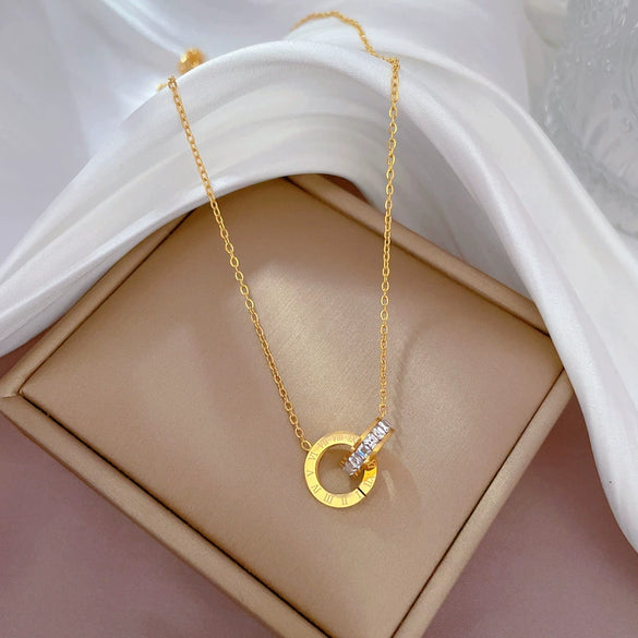 Titanium Steel Double Ring Furnace Real Gold Necklace With Geometric Pattern Electroplating For Female Light Luxury Ultra Simple Style Cartoon And Flower Design