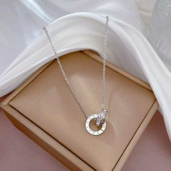 Titanium Steel Double Ring Furnace Real Gold Necklace With Geometric Pattern Electroplating For Female Light Luxury Ultra Simple Style Cartoon And Flower Design