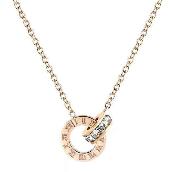 Titanium Steel Double Ring Necklace With Roman Numerals Pendant Golden Light Luxury Clavicle Chain For Women Diamond Treated O Chain