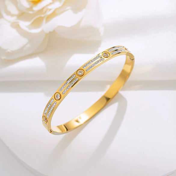 Titanium Steel Double Row Full Diamond Buckle Bracelet Women's Electroplated 18K Rose Gold Light Luxury