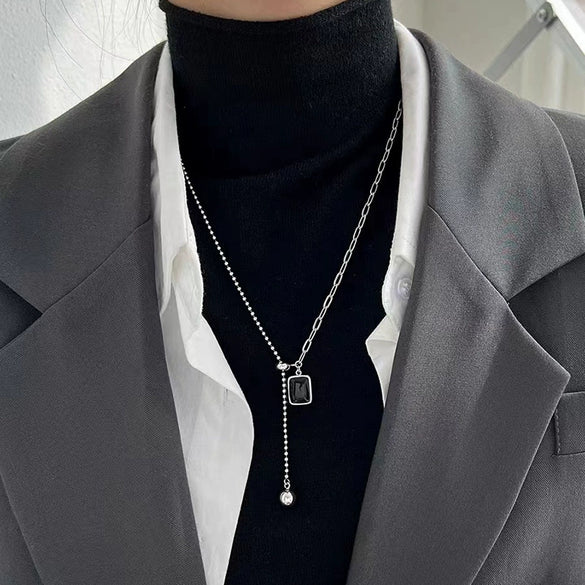 Titanium Steel Double Sided Letter Pendant Clavicle Necklace With Rectangular Drop Electroplated Unisex Jewelry