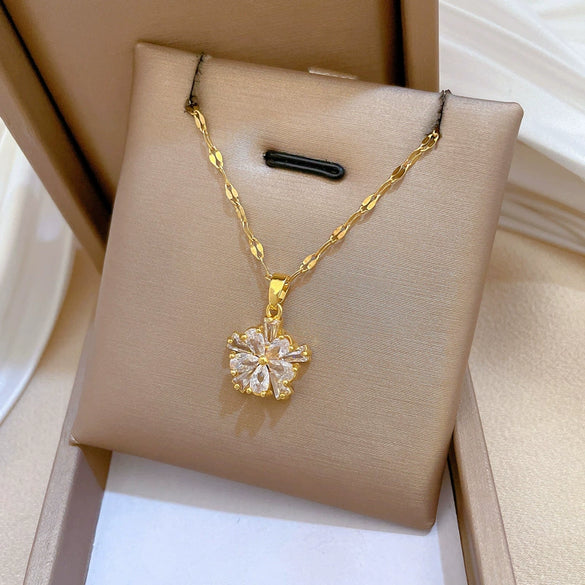 Titanium Steel Doublelayer Flower Geometric Microinlaid Electroplated Women's Necklace Earrings Set