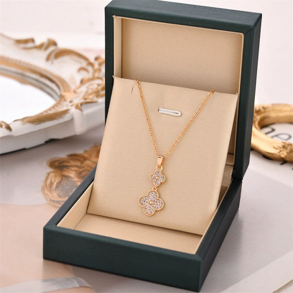 Titanium Steel Doublelayer Fourleaf Clover Necklace With Mixed Gemstone Inlay Electroplating Oshaped Chain For Women Geometric Natural Style