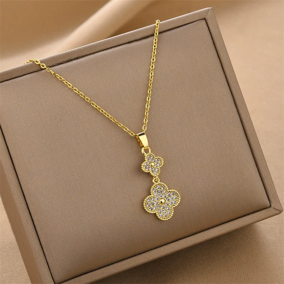 Titanium Steel Doublelayer Fourleaf Clover Necklace With Mixed Gemstone Inlay Electroplating Oshaped Chain For Women Geometric Natural Style