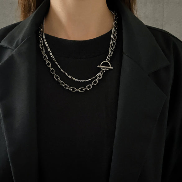 Titanium Steel Doublelayer Hiphop Unisex Clavicle Chain With Geometric Design And Electroplating Treatment Snake Bone Chain