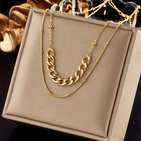 Titanium Steel Doublelayer Irregular Chain Geometric Pattern Heavy Metal Punk Women's Necklace With Electroplating