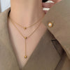 Titanium Steel Doublelayer Stacked Tassel Ball Light Luxury Necklace With Drop Shape And Snake Bone Chain