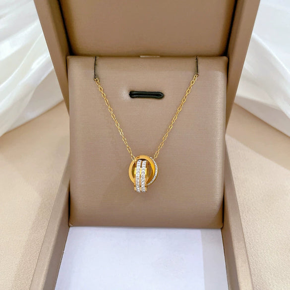 Titanium Steel Doublering Fulldiamond Necklace With Geometric Pattern And Electroplating For Unisex Cartoon Style
