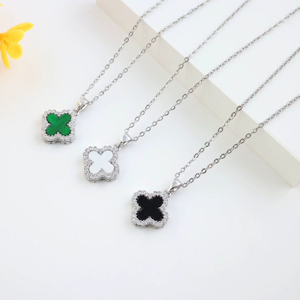 Titanium Steel Doublesided Clover Necklace With Zircon Inlay Electroplated Light Luxury Niche Design Jewelry For Women