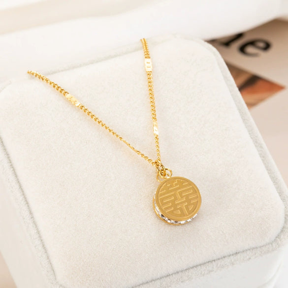 Titanium Steel Doublesided Threedimensional Geometric Pendant Necklace With Zircon And Water Wave Chain Electroplated Simple Style