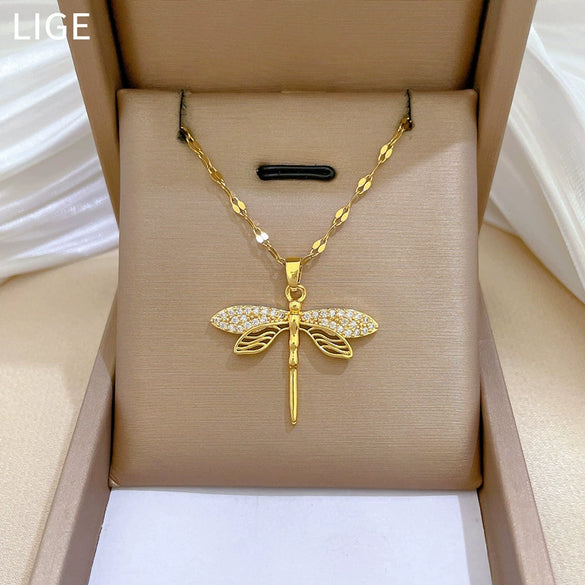 Titanium Steel Dragonfly Inlaid With Real Gold Necklace Geometric Cartoon Style For Women