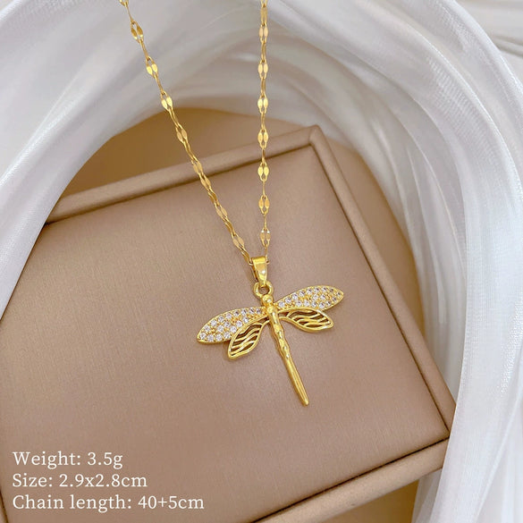 Titanium Steel Dragonfly Inlaid With Real Gold Necklace Geometric Cartoon Style For Women
