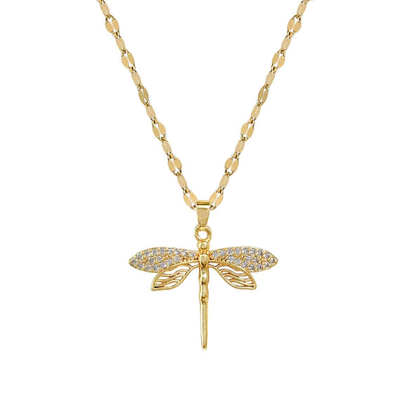 Titanium Steel Dragonfly Inlaid With Real Gold Necklace Geometric Cartoon Style For Women