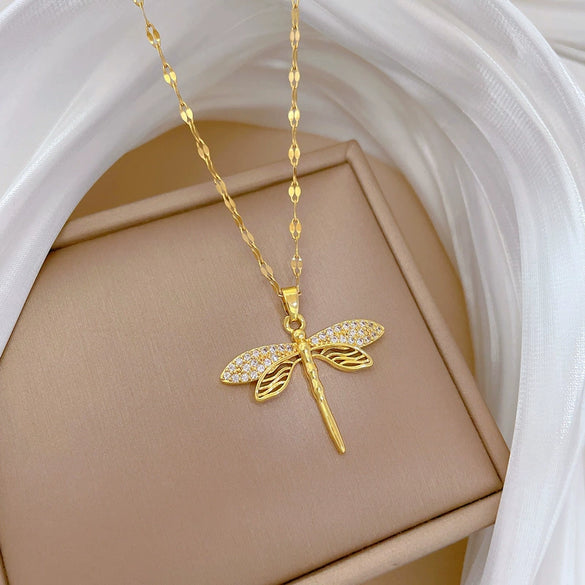 Titanium Steel Dragonfly Inlaid With Real Gold Necklace Geometric Cartoon Style For Women