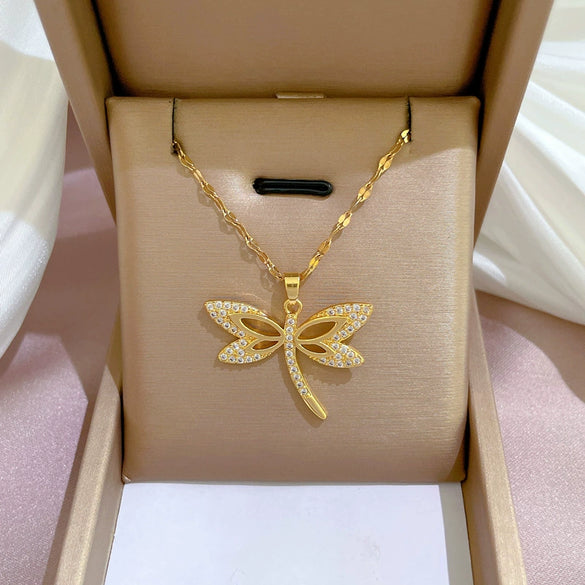 Titanium Steel Dragonfly Microinlaid Real Gold Geometric Women's Necklace With Diamond Treatment