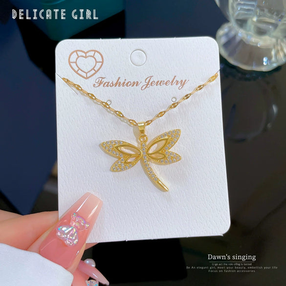 Titanium Steel Dragonfly Microinlaid Real Gold Geometric Women's Necklace With Diamond Treatment