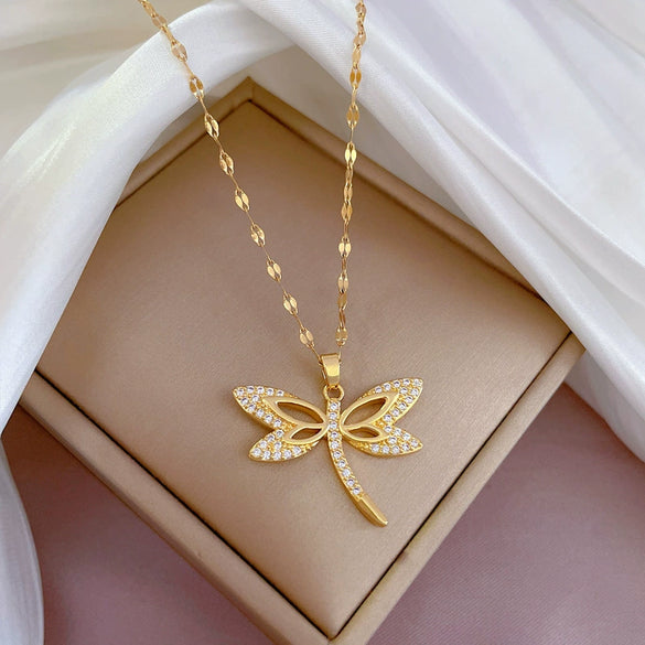 Titanium Steel Dragonfly Microinlaid Real Gold Geometric Women's Necklace With Diamond Treatment