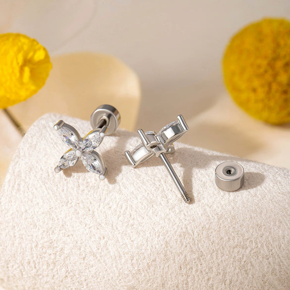 Titanium Steel Ear Bone Nail With Zircon Cross Flower Design For Women
