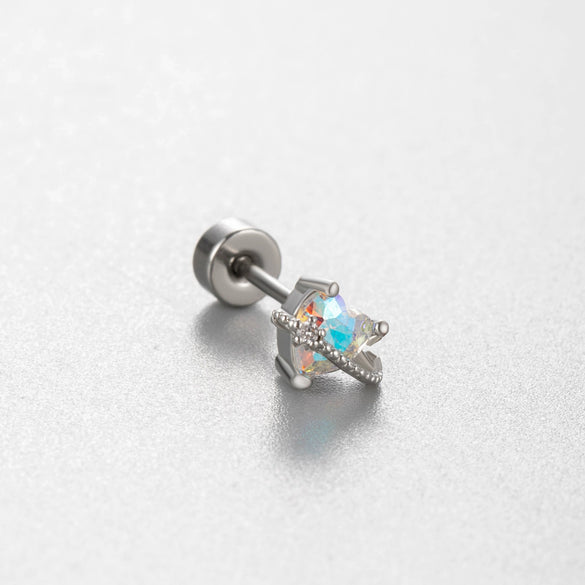Titanium Steel Ear Nail With Pink Cherry Bow And Inlaid Zircon For Women