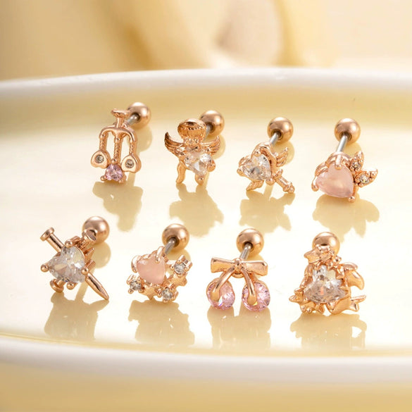 Titanium Steel Ear Studs With Copper Inlaid Zircon Angel Love Cherry Bow And Flower Pattern Electroplated For Women