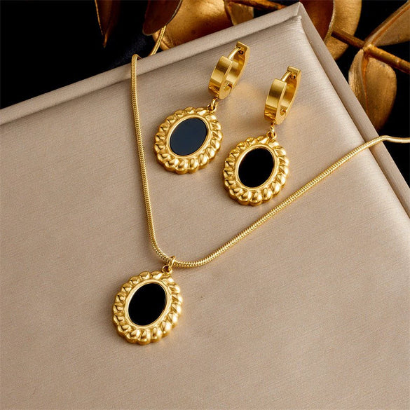Titanium Steel Earrings And Necklaces Set Sweet Geometric Style Electroplating Treatment Irregular Round Shape For Women
