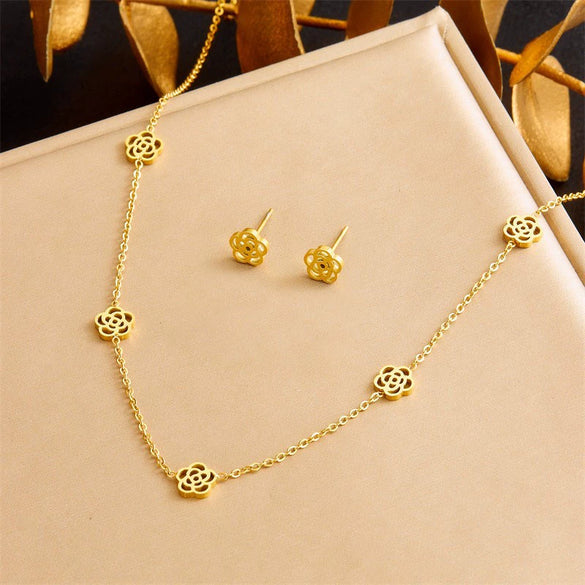Titanium Steel Earrings And Necklaces Set Sweet Geometric Style Electroplating Treatment Irregular Round Shape For Women