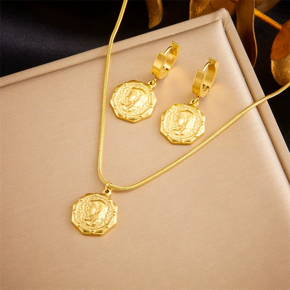 Titanium Steel Earrings And Necklaces Set Sweet Geometric Style Electroplating Treatment Irregular Round Shape For Women