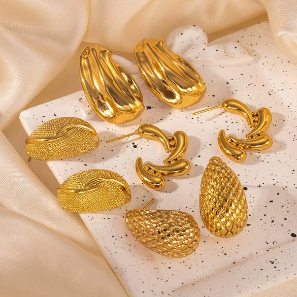 Titanium Steel Earrings Geometric Heart Shape Leaves Wave Point Water Drops Electroplating Design