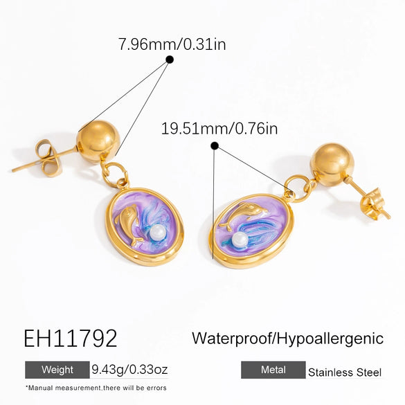 Titanium Steel Earrings Marine Series Handmade Shell Colorful Oil Drop Electroplated 18K Gold Colorpreserving