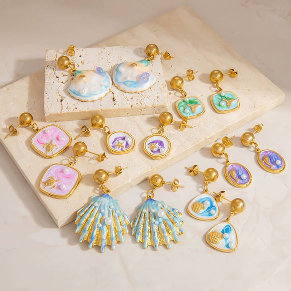 Titanium Steel Earrings Marine Series Handmade Shell Colorful Oil Drop Electroplated 18K Gold Colorpreserving