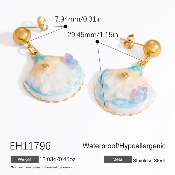 Titanium Steel Earrings Marine Series Handmade Shell Colorful Oil Drop Electroplated 18K Gold Colorpreserving