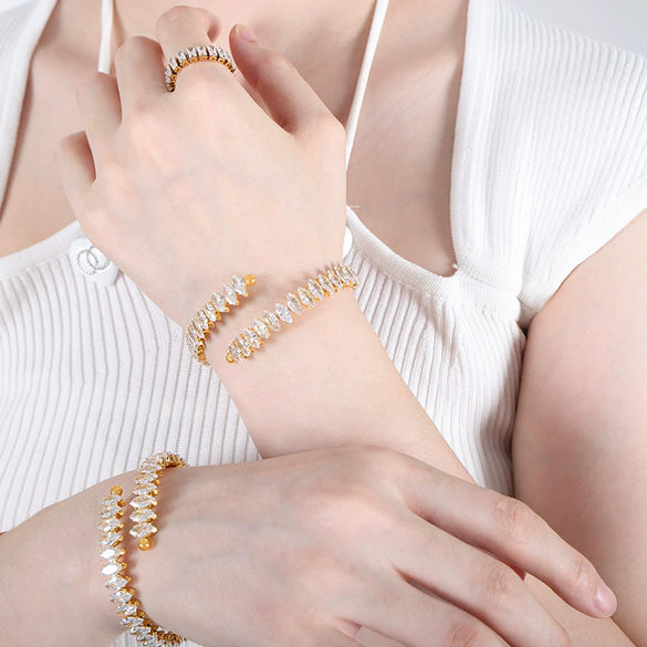 316L Stainless Steel Elastic Bracelet With Full Diamond Zircon And Geometric Style