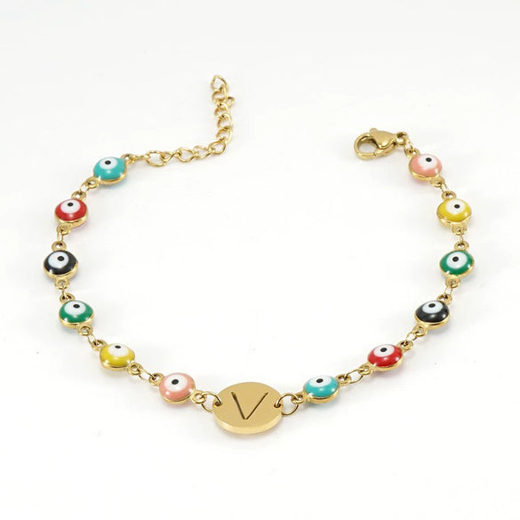 Titanium Steel Electroplated Devil's Eye And Letter Bracelet For Women