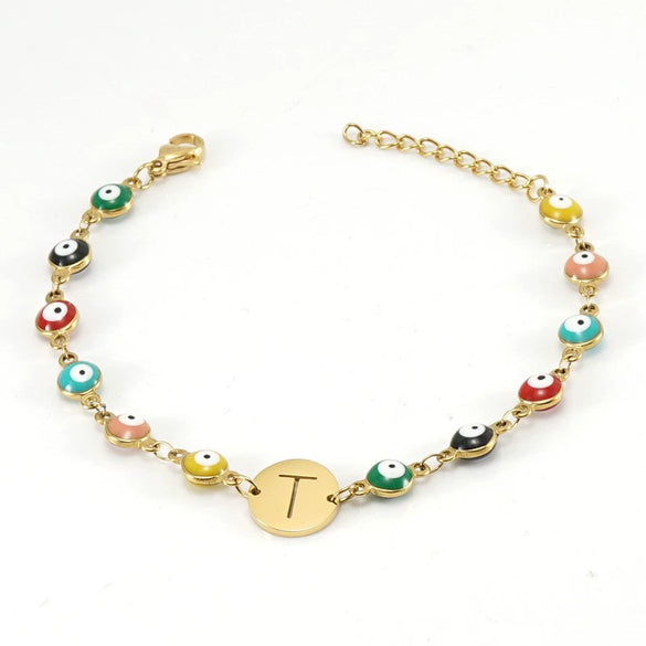 Titanium Steel Electroplated Devil's Eye And Letter Bracelet For Women