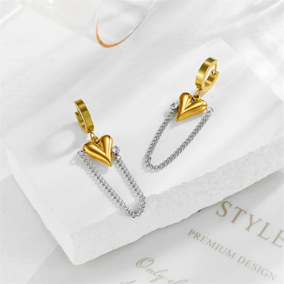 Titanium Steel Electroplated Heart Shape Diamondembedded Pendant Long Chain Women's Earrings