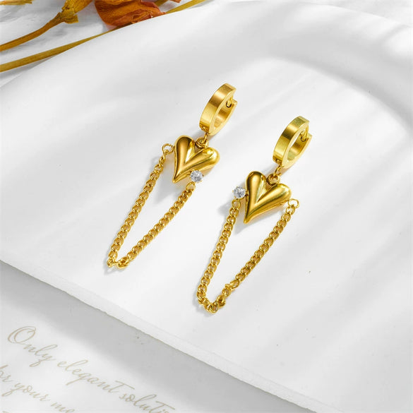 Titanium Steel Electroplated Heart Shape Diamondembedded Pendant Long Chain Women's Earrings