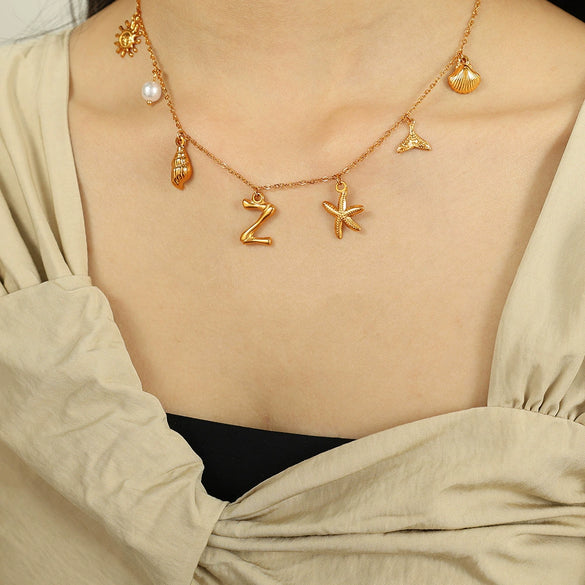 316L Stainless Steel Electroplated 18K Gold Bamboo Conch Sea Star Shell Women's Clavicle Chain Jewelry